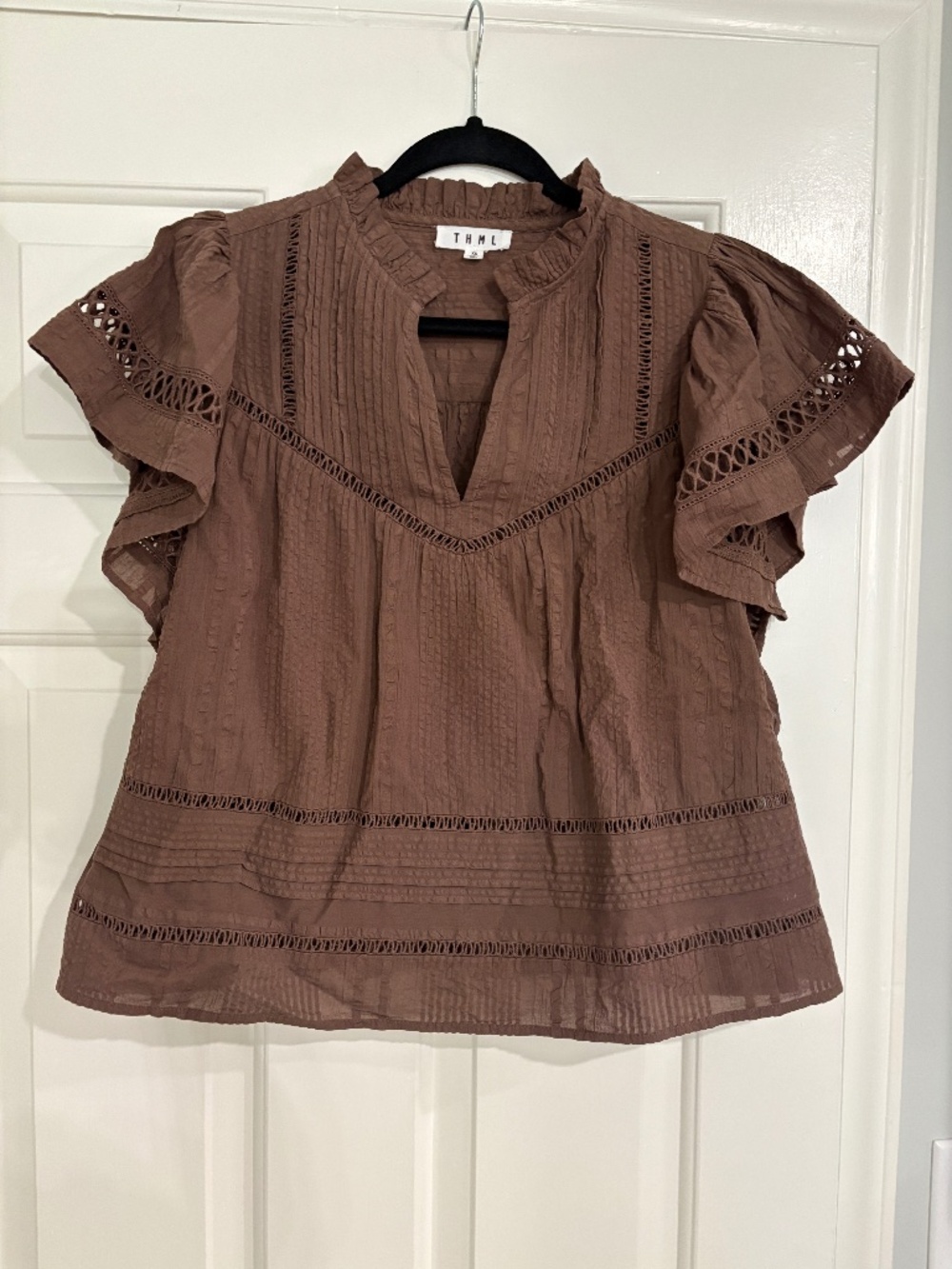 THML Mocha Flutter Top V Neck Fluttered Cut Out Top XS